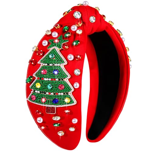 NVENF Jeweled Plaid Headband with Embellished Crystals and Pearls - Knotted Wide Top Knot Hair Accessory for Women, Holiday Outfits & Gifts