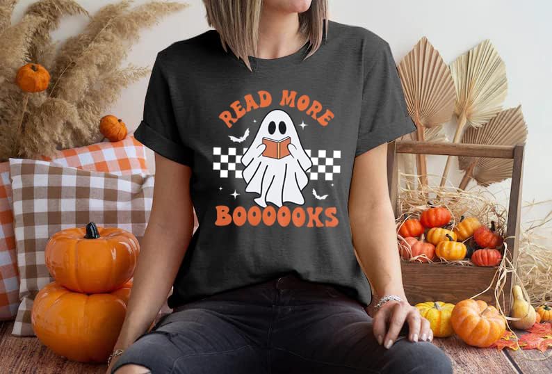 Halloween Teacher Shirts for Women Groovy Read More Books Ghost T-Shirt Short Sleeve Halloween Party Tee Tops