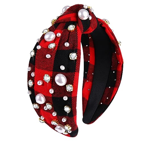 NVENF Jeweled Plaid Headband with Embellished Crystals and Pearls - Knotted Wide Top Knot Hair Accessory for Women, Holiday Outfits & Gifts