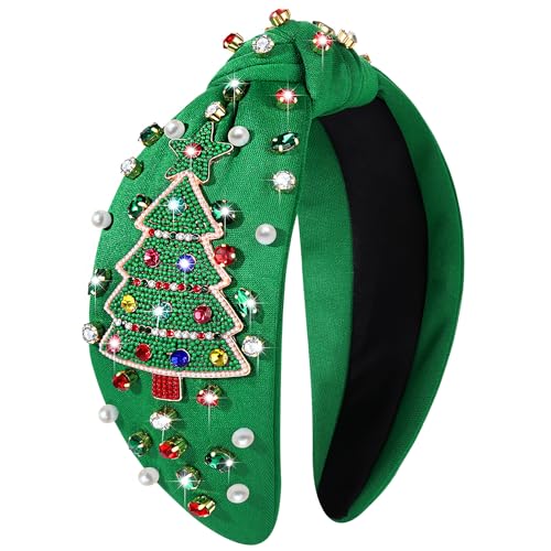 NVENF Jeweled Plaid Headband with Embellished Crystals and Pearls - Knotted Wide Top Knot Hair Accessory for Women, Holiday Outfits & Gifts