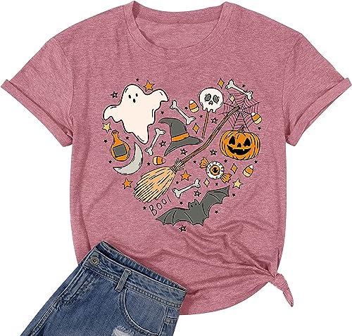 Halloween Doodles Shirt for Women Cute Vintage Graphic Halloween Party Tshirt Short Sleeve Fall Season Tees