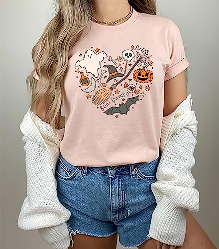 Halloween Doodles Shirt for Women Cute Vintage Graphic Halloween Party Tshirt Short Sleeve Fall Season Tees