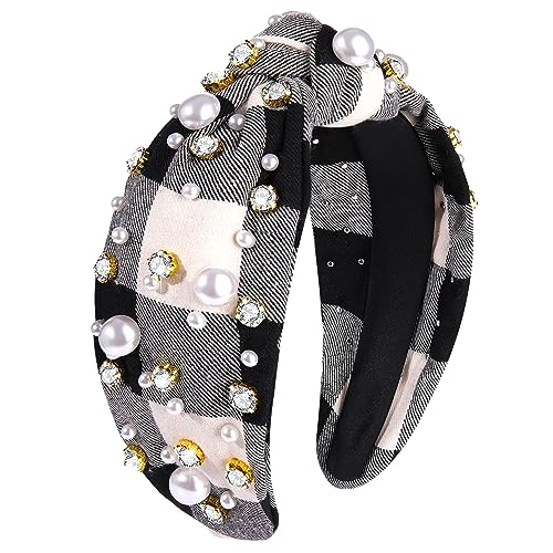 NVENF Jeweled Plaid Headband with Embellished Crystals and Pearls - Knotted Wide Top Knot Hair Accessory for Women, Holiday Outfits & Gifts