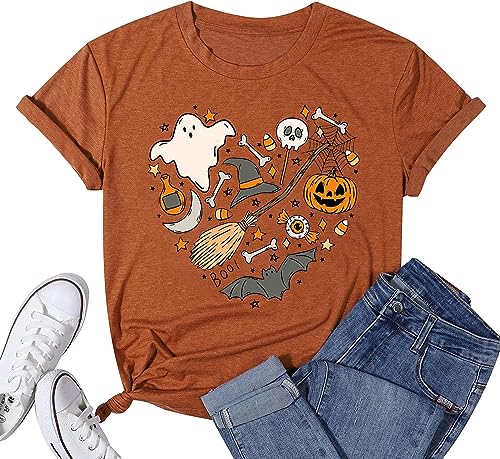 Halloween Doodles Shirt for Women Cute Vintage Graphic Halloween Party Tshirt Short Sleeve Fall Season Tees