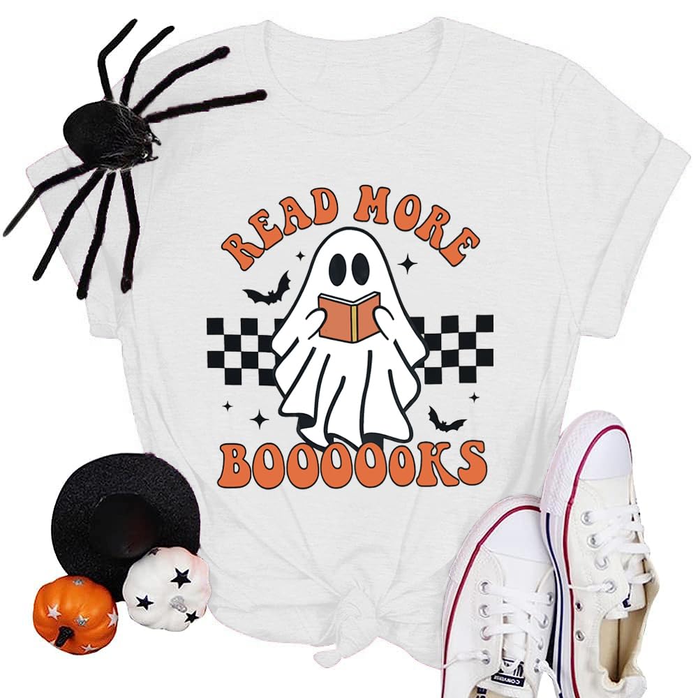 Halloween Teacher Shirts for Women Groovy Read More Books Ghost T-Shirt Short Sleeve Halloween Party Tee Tops