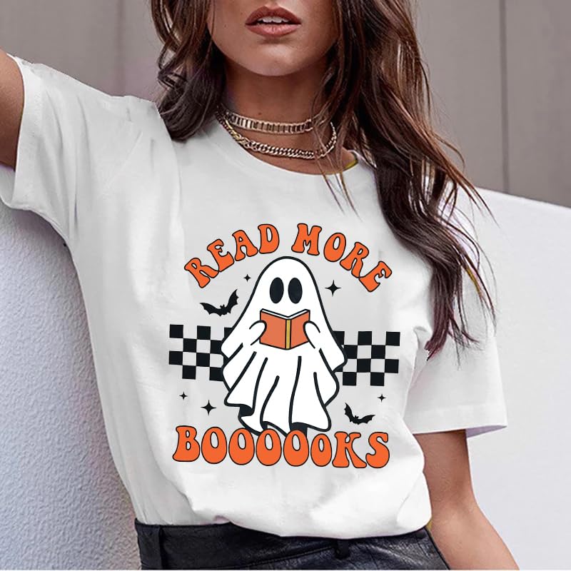 Halloween Teacher Shirts for Women Groovy Read More Books Ghost T-Shirt Short Sleeve Halloween Party Tee Tops