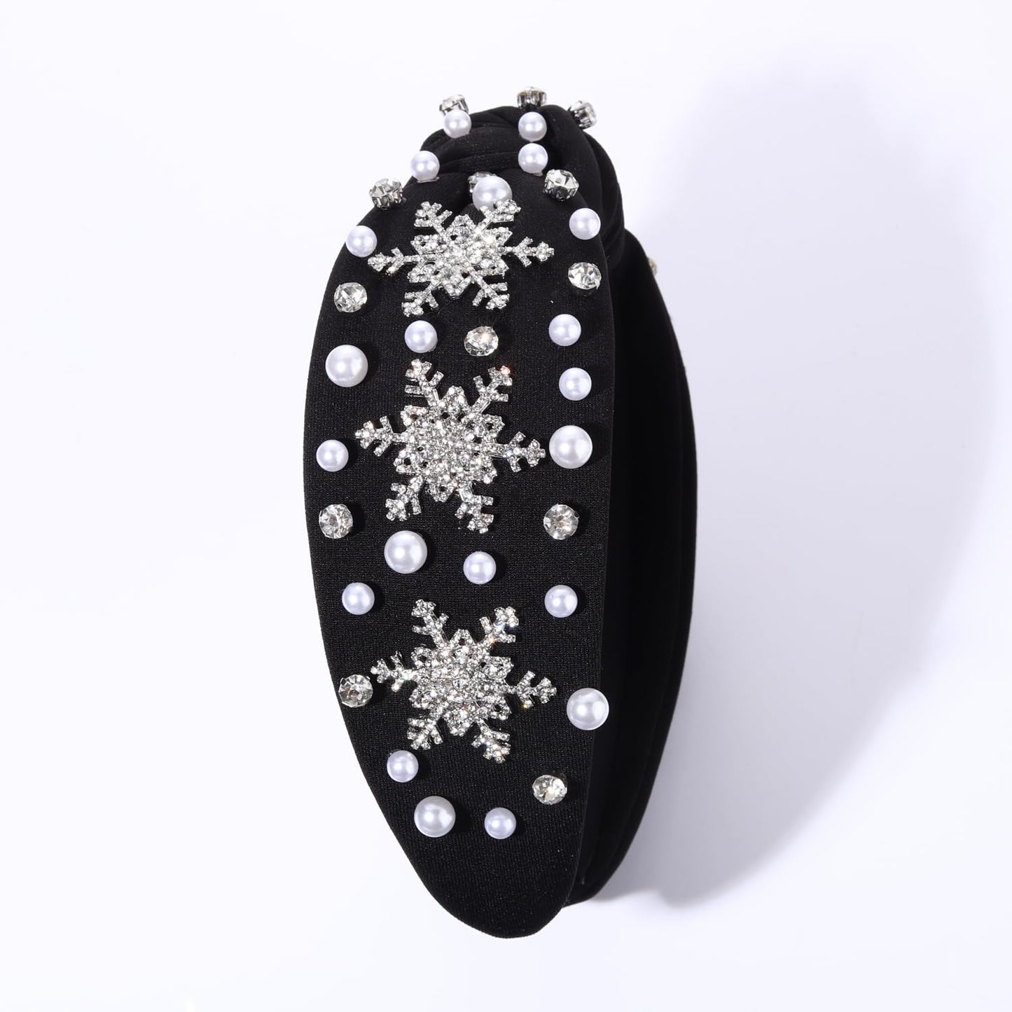 NVENF Jeweled Plaid Headband with Embellished Crystals and Pearls - Knotted Wide Top Knot Hair Accessory for Women, Holiday Outfits & Gifts