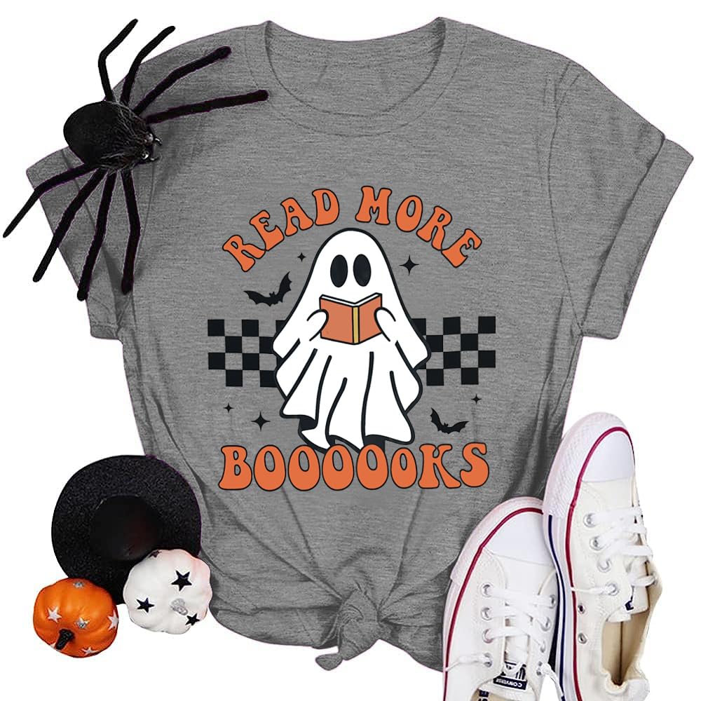 Halloween Teacher Shirts for Women Groovy Read More Books Ghost T-Shirt Short Sleeve Halloween Party Tee Tops