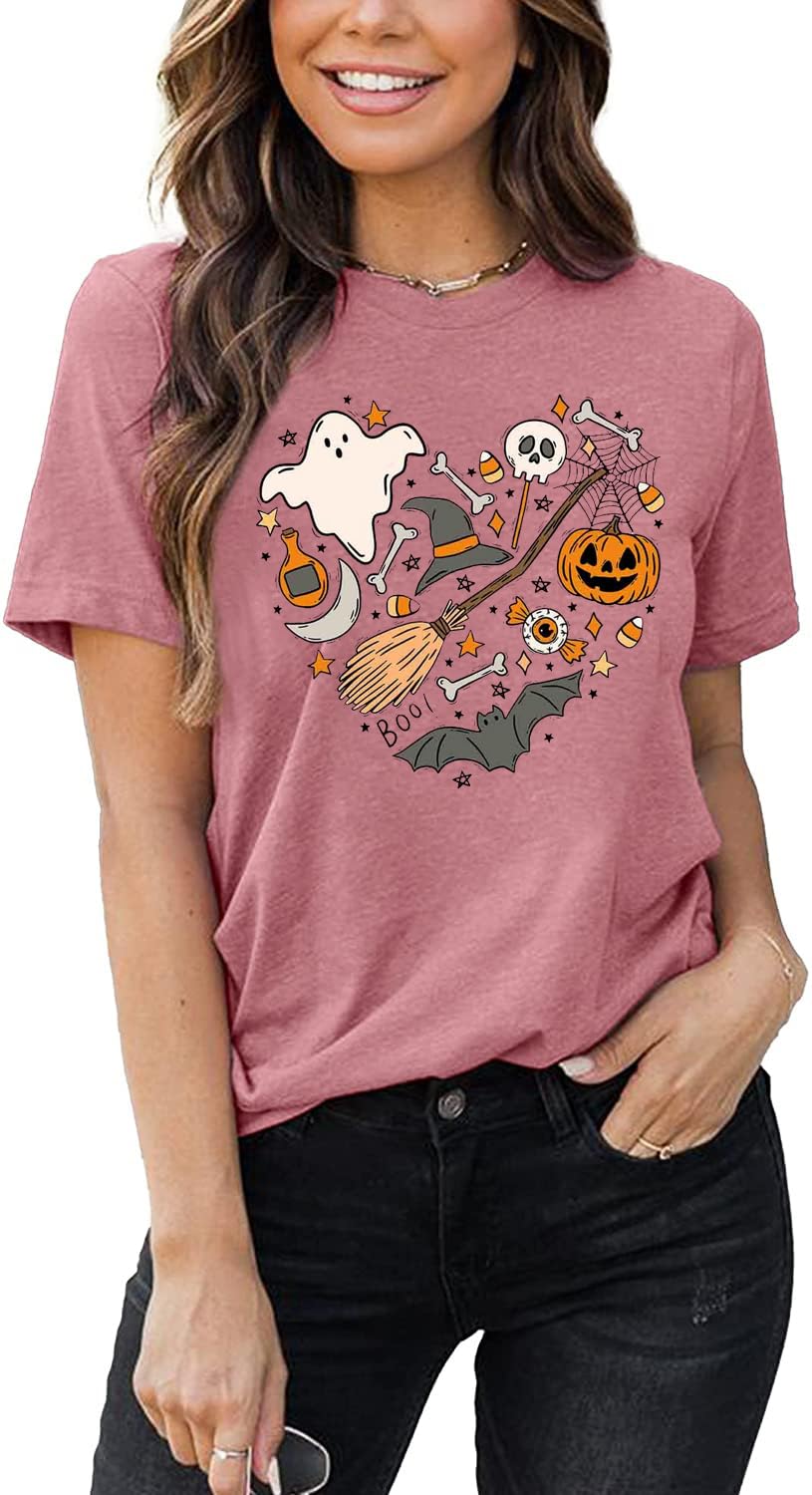 Halloween Doodles Shirt for Women Cute Vintage Graphic Halloween Party Tshirt Short Sleeve Fall Season Tees