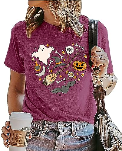 Halloween Doodles Shirt for Women Cute Vintage Graphic Halloween Party Tshirt Short Sleeve Fall Season Tees