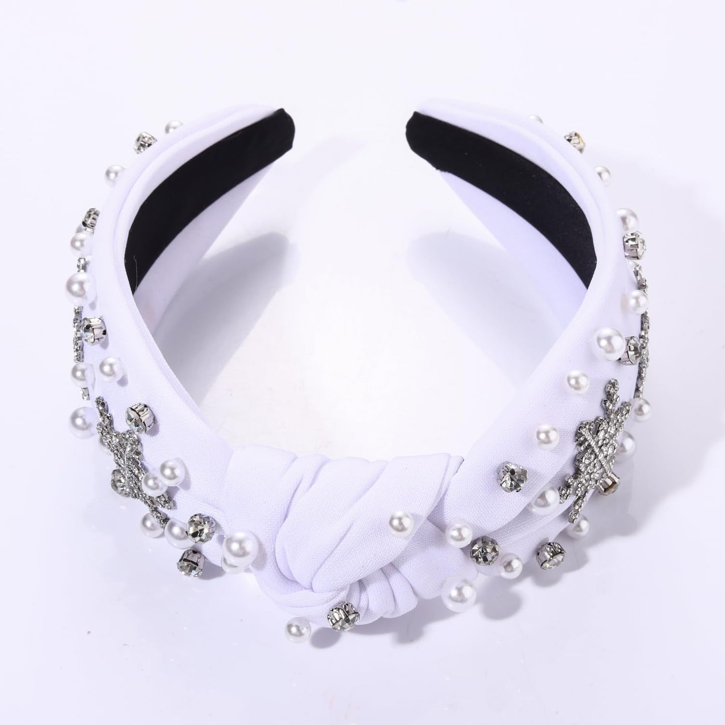 NVENF Jeweled Plaid Headband with Embellished Crystals and Pearls - Knotted Wide Top Knot Hair Accessory for Women, Holiday Outfits & Gifts