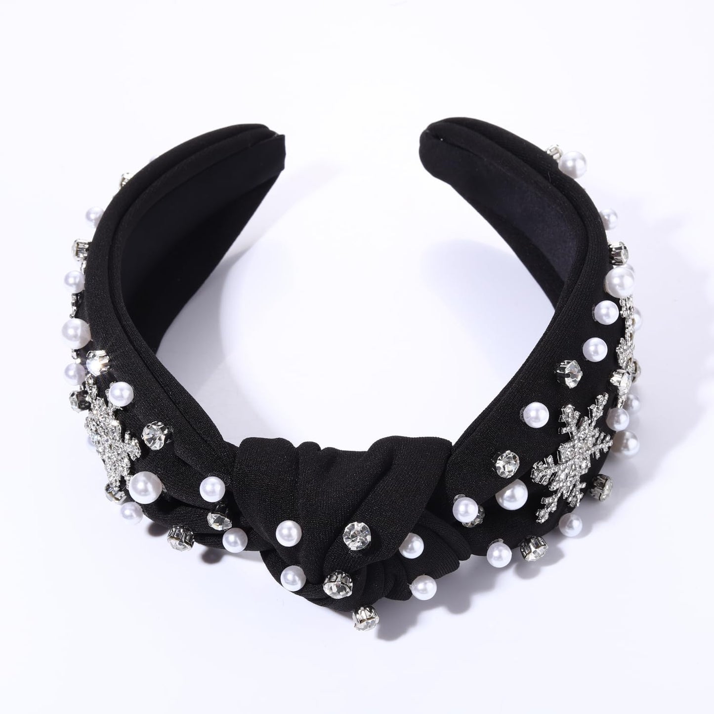NVENF Jeweled Plaid Headband with Embellished Crystals and Pearls - Knotted Wide Top Knot Hair Accessory for Women, Holiday Outfits & Gifts