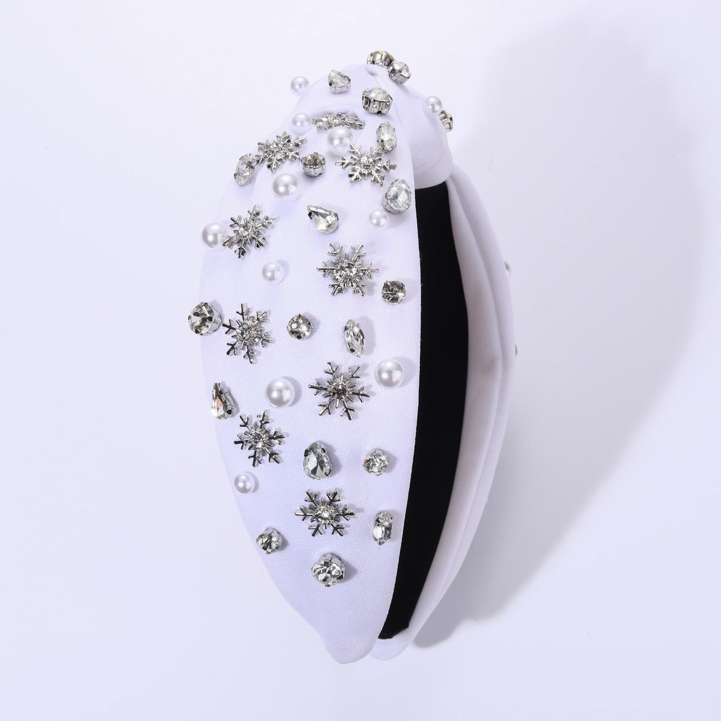 NVENF Jeweled Plaid Headband with Embellished Crystals and Pearls - Knotted Wide Top Knot Hair Accessory for Women, Holiday Outfits & Gifts