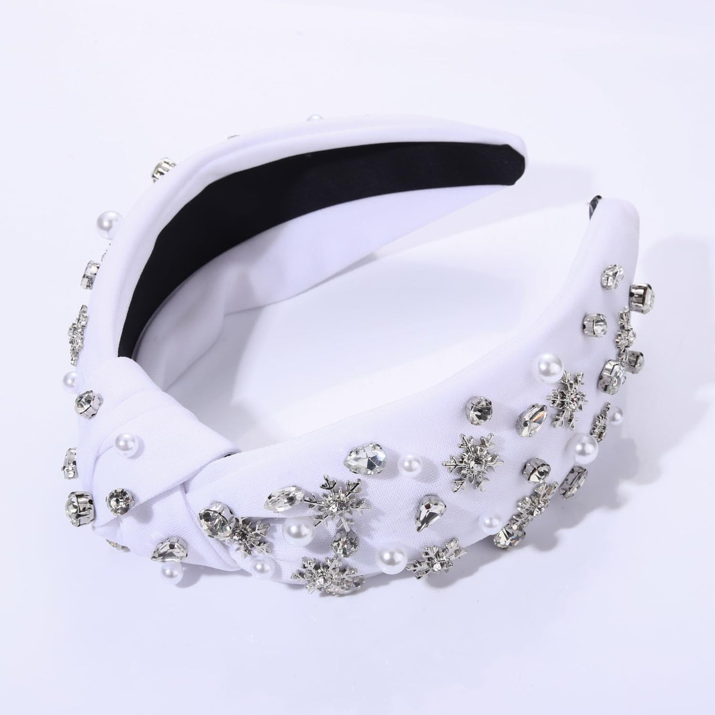 NVENF Jeweled Plaid Headband with Embellished Crystals and Pearls - Knotted Wide Top Knot Hair Accessory for Women, Holiday Outfits & Gifts