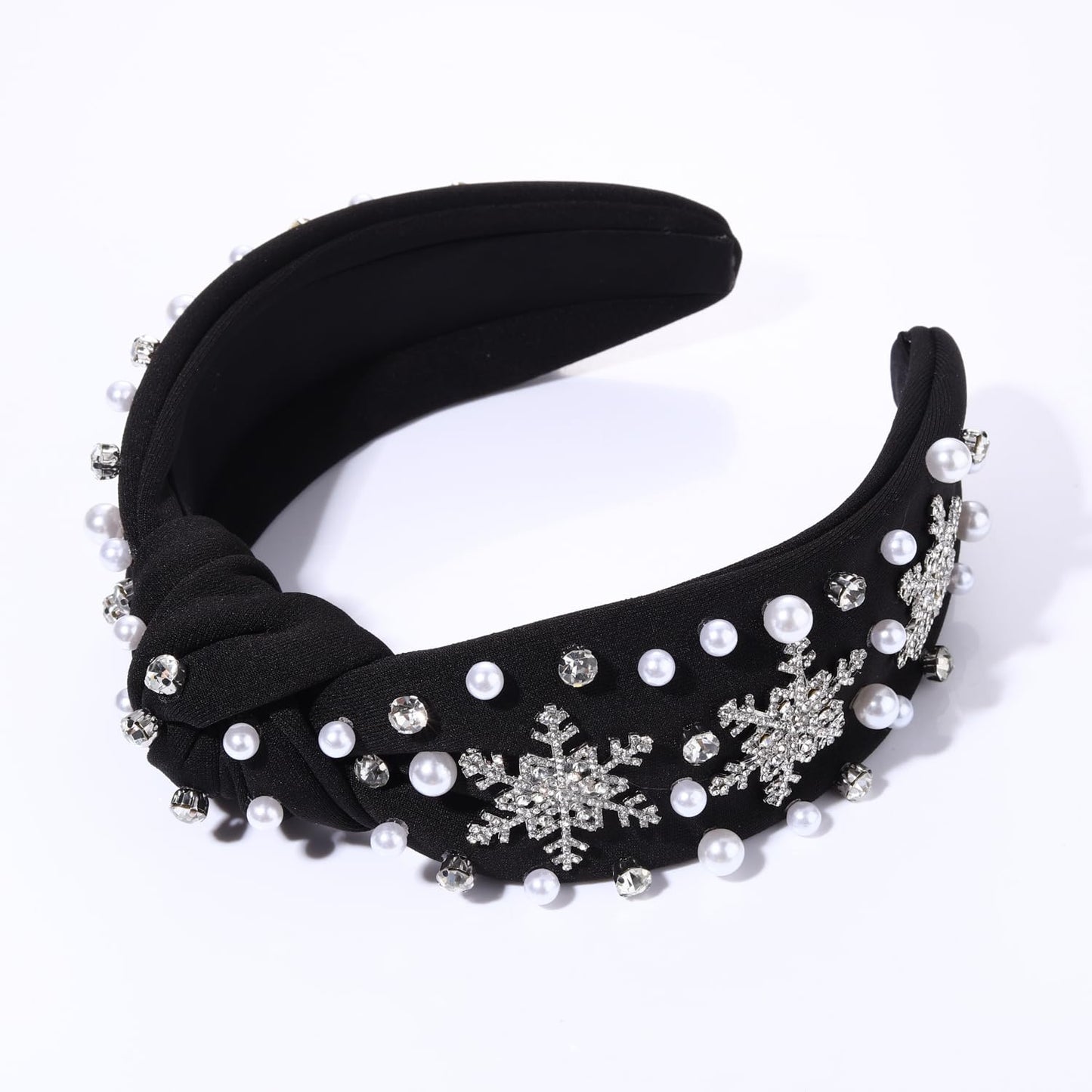 NVENF Jeweled Plaid Headband with Embellished Crystals and Pearls - Knotted Wide Top Knot Hair Accessory for Women, Holiday Outfits & Gifts