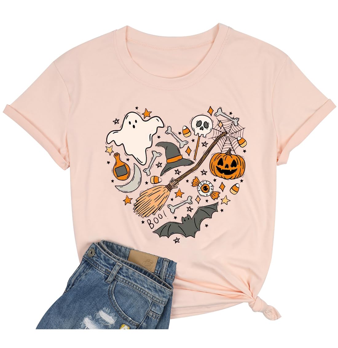Halloween Doodles Shirt for Women Cute Vintage Graphic Halloween Party Tshirt Short Sleeve Fall Season Tees
