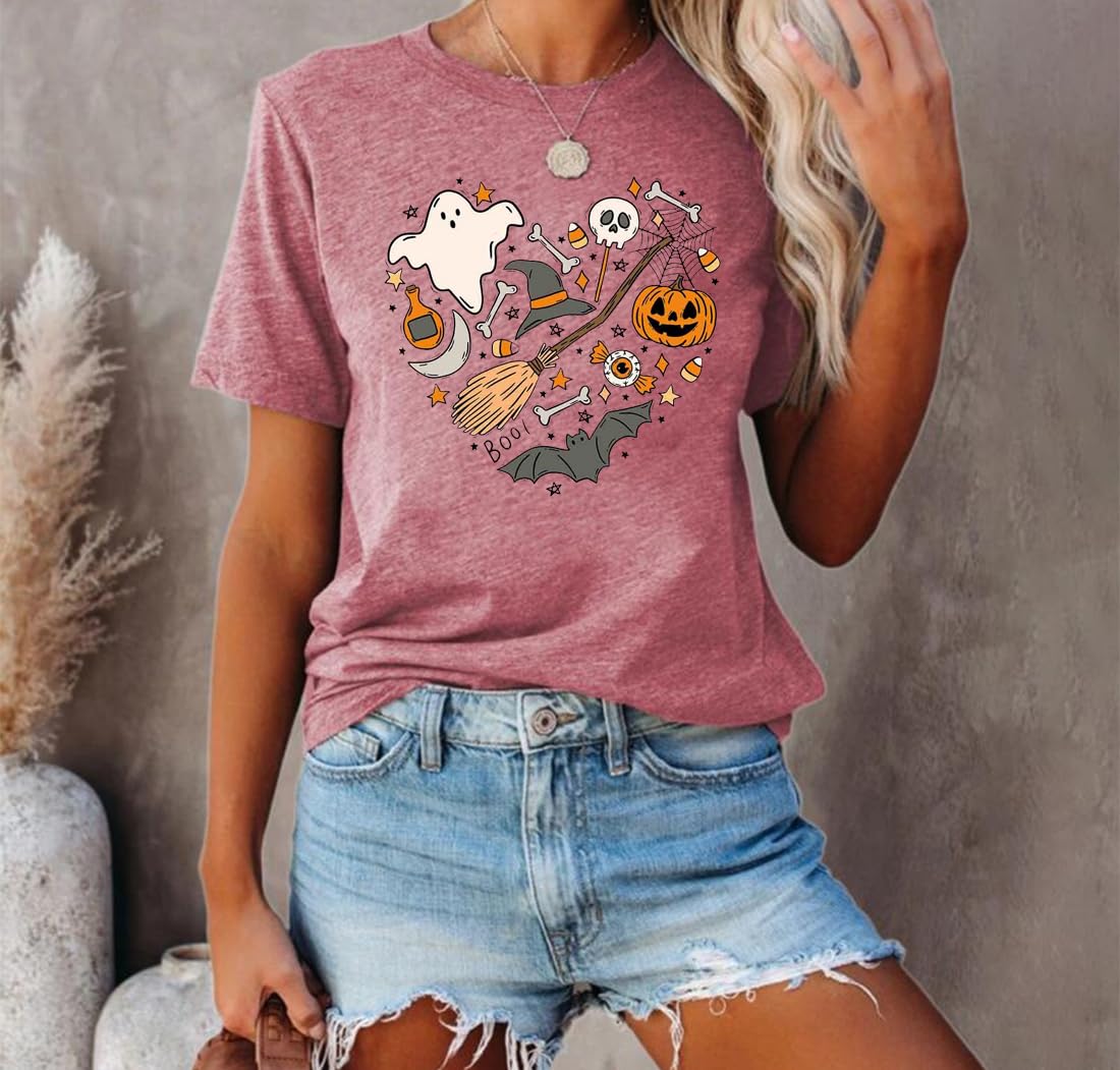 Halloween Doodles Shirt for Women Cute Vintage Graphic Halloween Party Tshirt Short Sleeve Fall Season Tees