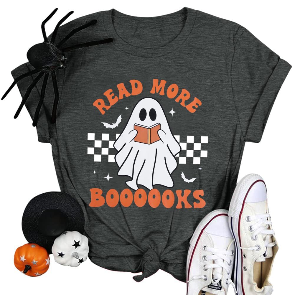 Halloween Teacher Shirts for Women Groovy Read More Books Ghost T-Shirt Short Sleeve Halloween Party Tee Tops
