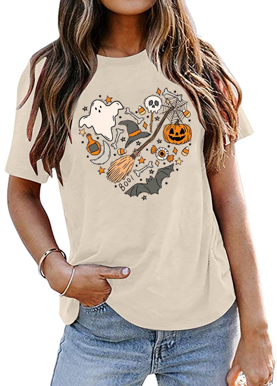 Halloween Doodles Shirt for Women Cute Vintage Graphic Halloween Party Tshirt Short Sleeve Fall Season Tees