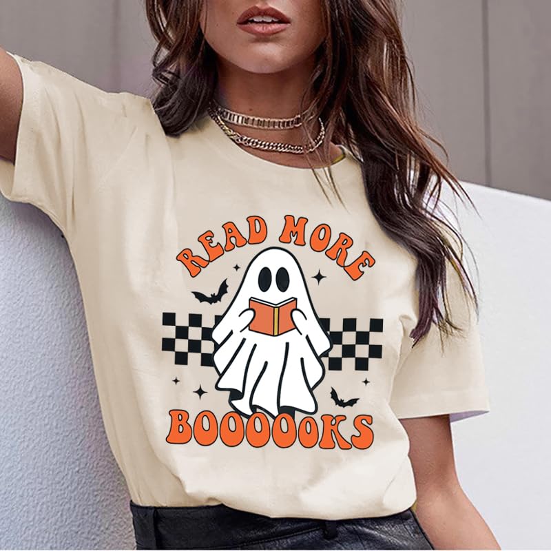 Halloween Teacher Shirts for Women Groovy Read More Books Ghost T-Shirt Short Sleeve Halloween Party Tee Tops