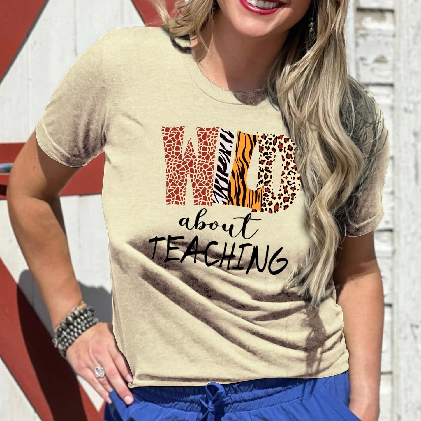 Womens Teacher Shirts Wild About Teaching Leopard Print T-Shirt Teacher Life Tee Top