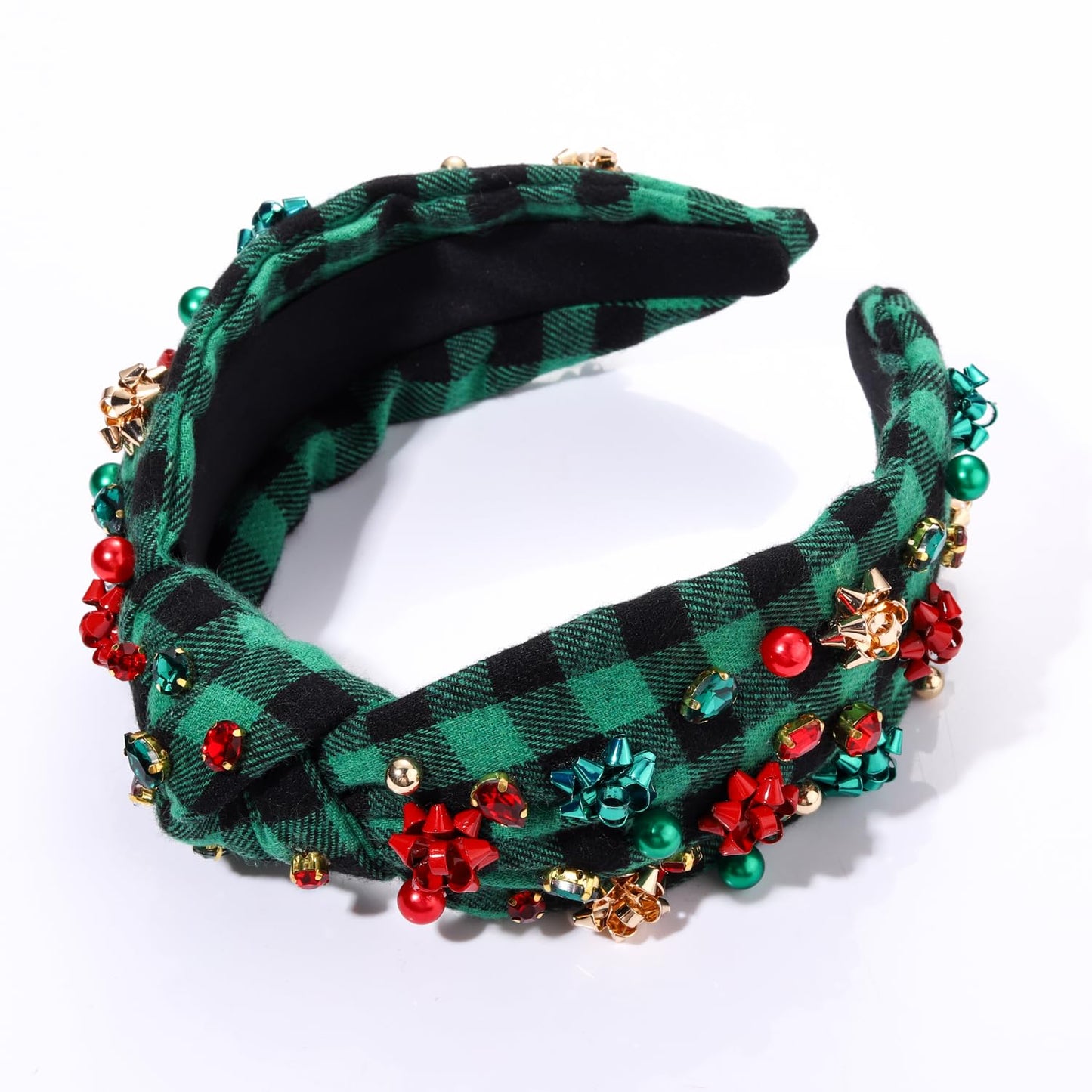 NVENF Jeweled Plaid Headband with Embellished Crystals and Pearls - Knotted Wide Top Knot Hair Accessory for Women, Holiday Outfits & Gifts