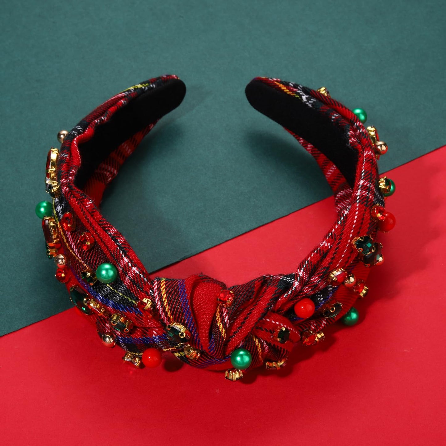 NVENF Jeweled Plaid Headband with Embellished Crystals and Pearls - Knotted Wide Top Knot Hair Accessory for Women, Holiday Outfits & Gifts