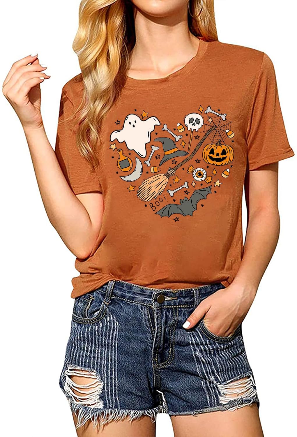 Halloween Doodles Shirt for Women Cute Vintage Graphic Halloween Party Tshirt Short Sleeve Fall Season Tees