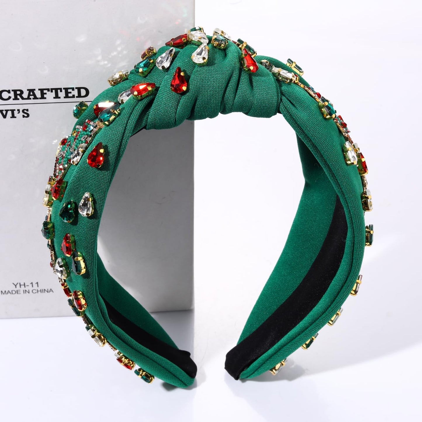NVENF Jeweled Plaid Headband with Embellished Crystals and Pearls - Knotted Wide Top Knot Hair Accessory for Women, Holiday Outfits & Gifts