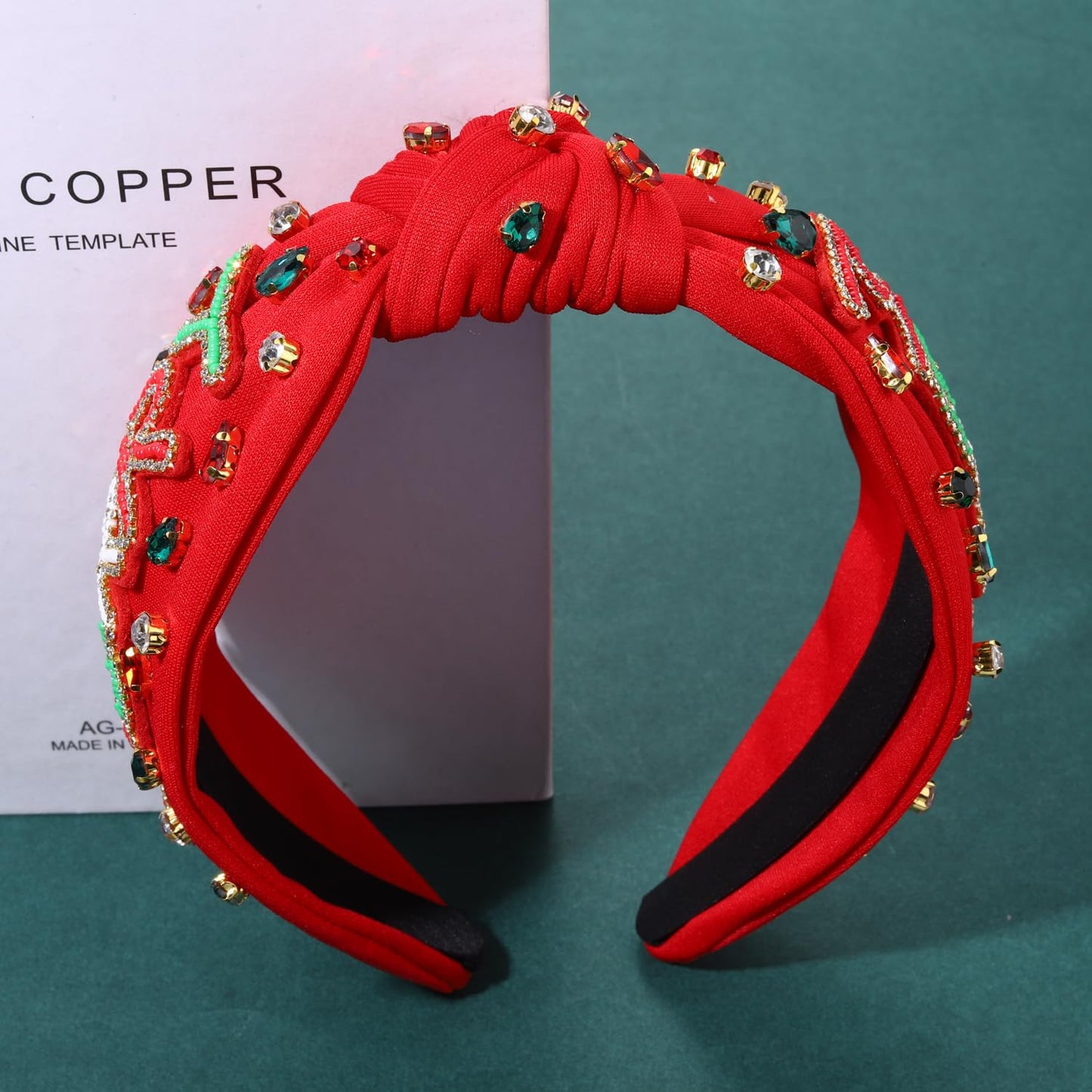 NVENF Jeweled Plaid Headband with Embellished Crystals and Pearls - Knotted Wide Top Knot Hair Accessory for Women, Holiday Outfits & Gifts