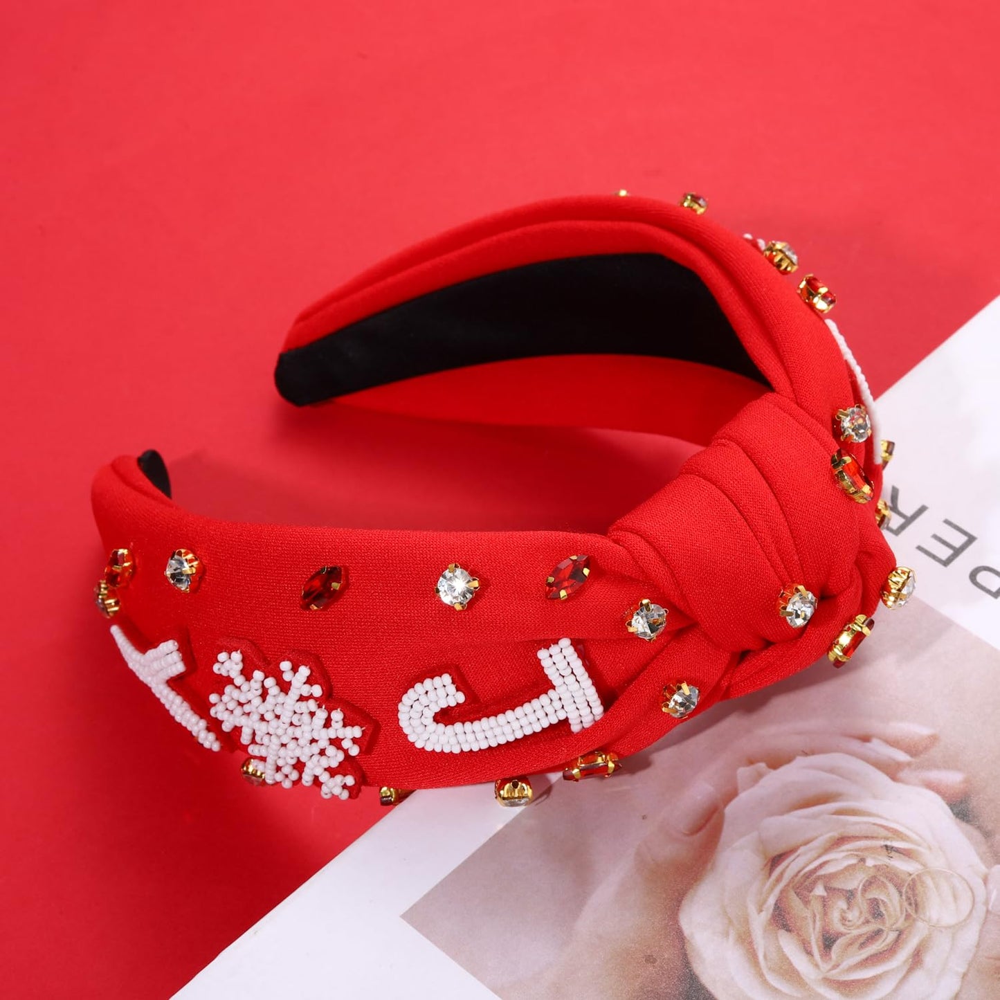 NVENF Jeweled Plaid Headband with Embellished Crystals and Pearls - Knotted Wide Top Knot Hair Accessory for Women, Holiday Outfits & Gifts