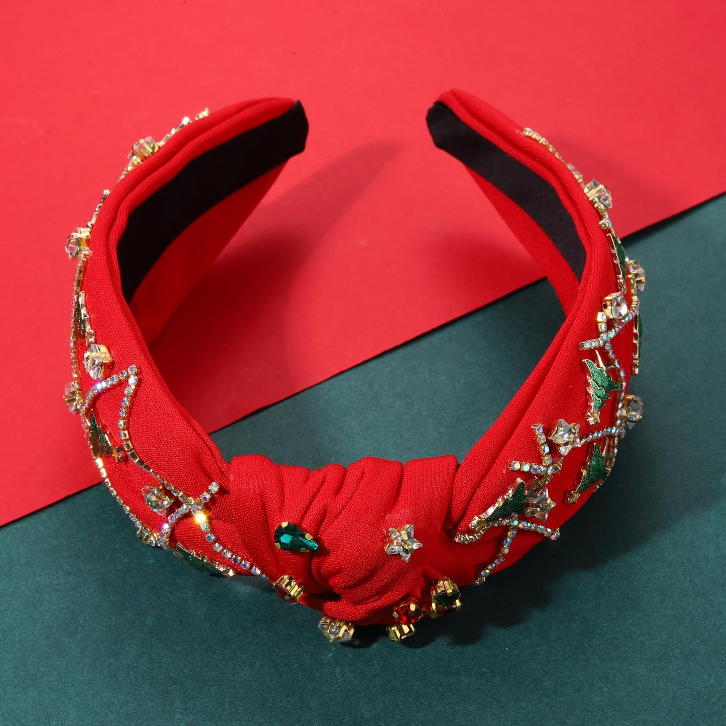 NVENF Jeweled Plaid Headband with Embellished Crystals and Pearls - Knotted Wide Top Knot Hair Accessory for Women, Holiday Outfits & Gifts