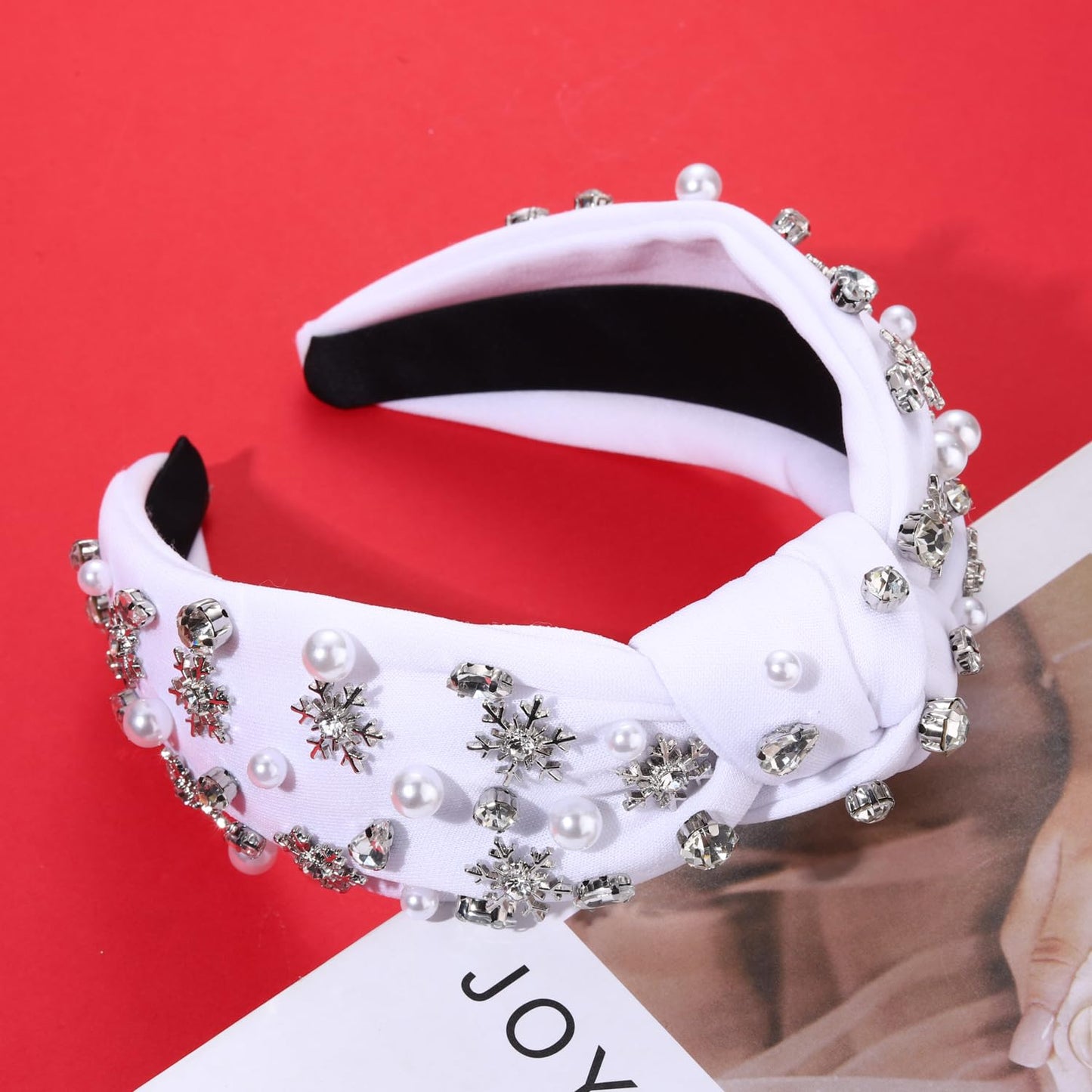 NVENF Jeweled Plaid Headband with Embellished Crystals and Pearls - Knotted Wide Top Knot Hair Accessory for Women, Holiday Outfits & Gifts