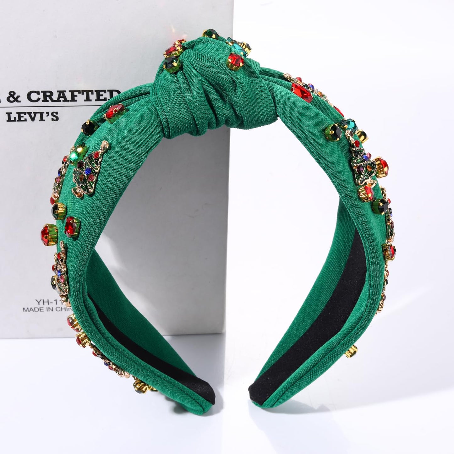 NVENF Jeweled Plaid Headband with Embellished Crystals and Pearls - Knotted Wide Top Knot Hair Accessory for Women, Holiday Outfits & Gifts