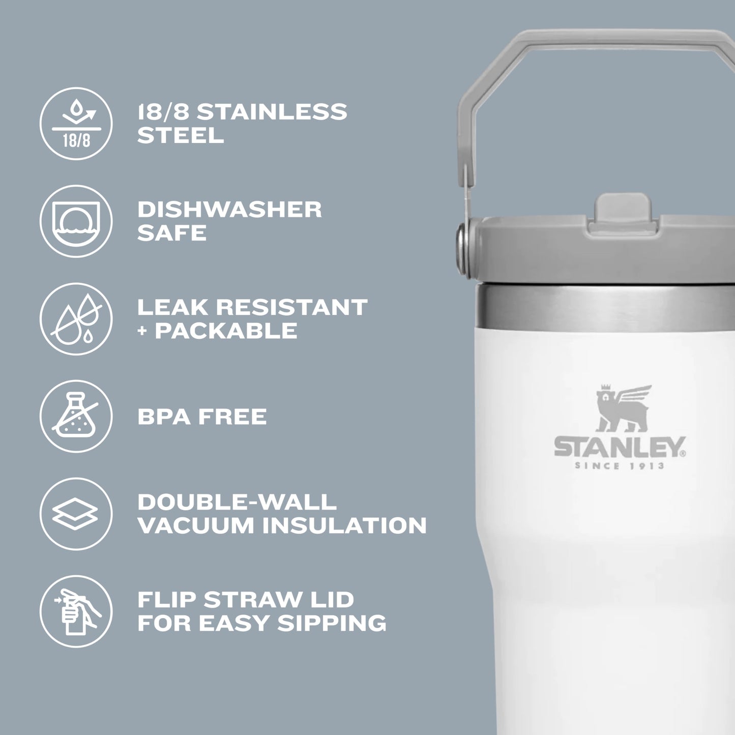 Stanley IceFlow Stainless Steel Tumbler - Vacuum Insulated Water Bottle for Home, Office or Car Reusable Cup with Straw Leak Resistant Flip Cold for 12 Hours or Iced for 2 Days, Mist, 30 OZ / 0.89 L