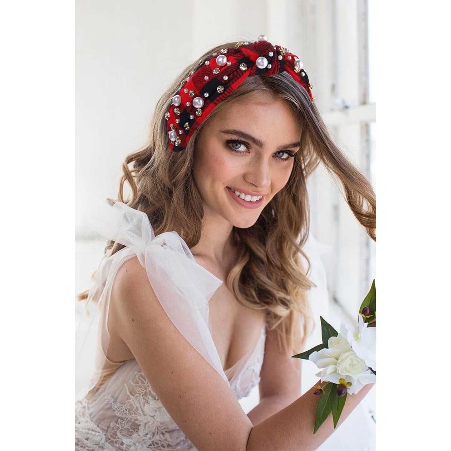 NVENF Jeweled Plaid Headband with Embellished Crystals and Pearls - Knotted Wide Top Knot Hair Accessory for Women, Holiday Outfits & Gifts