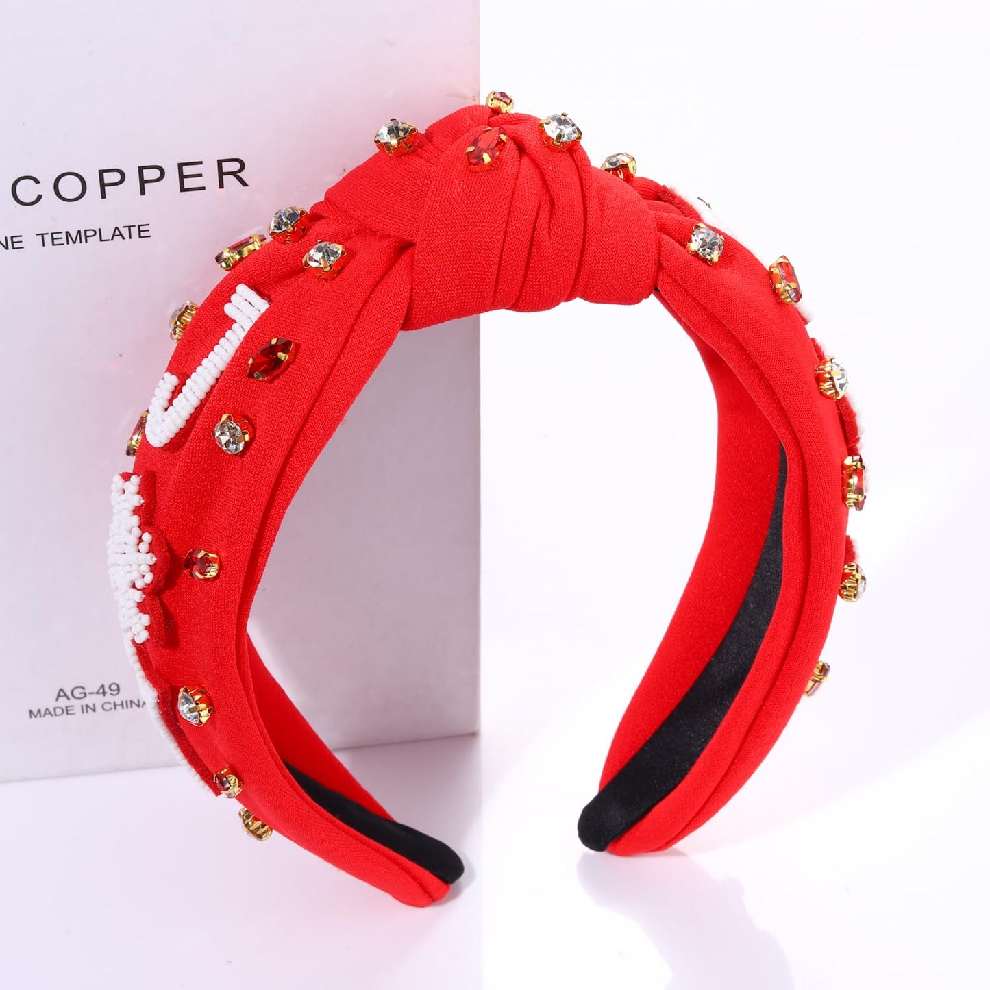 NVENF Jeweled Plaid Headband with Embellished Crystals and Pearls - Knotted Wide Top Knot Hair Accessory for Women, Holiday Outfits & Gifts