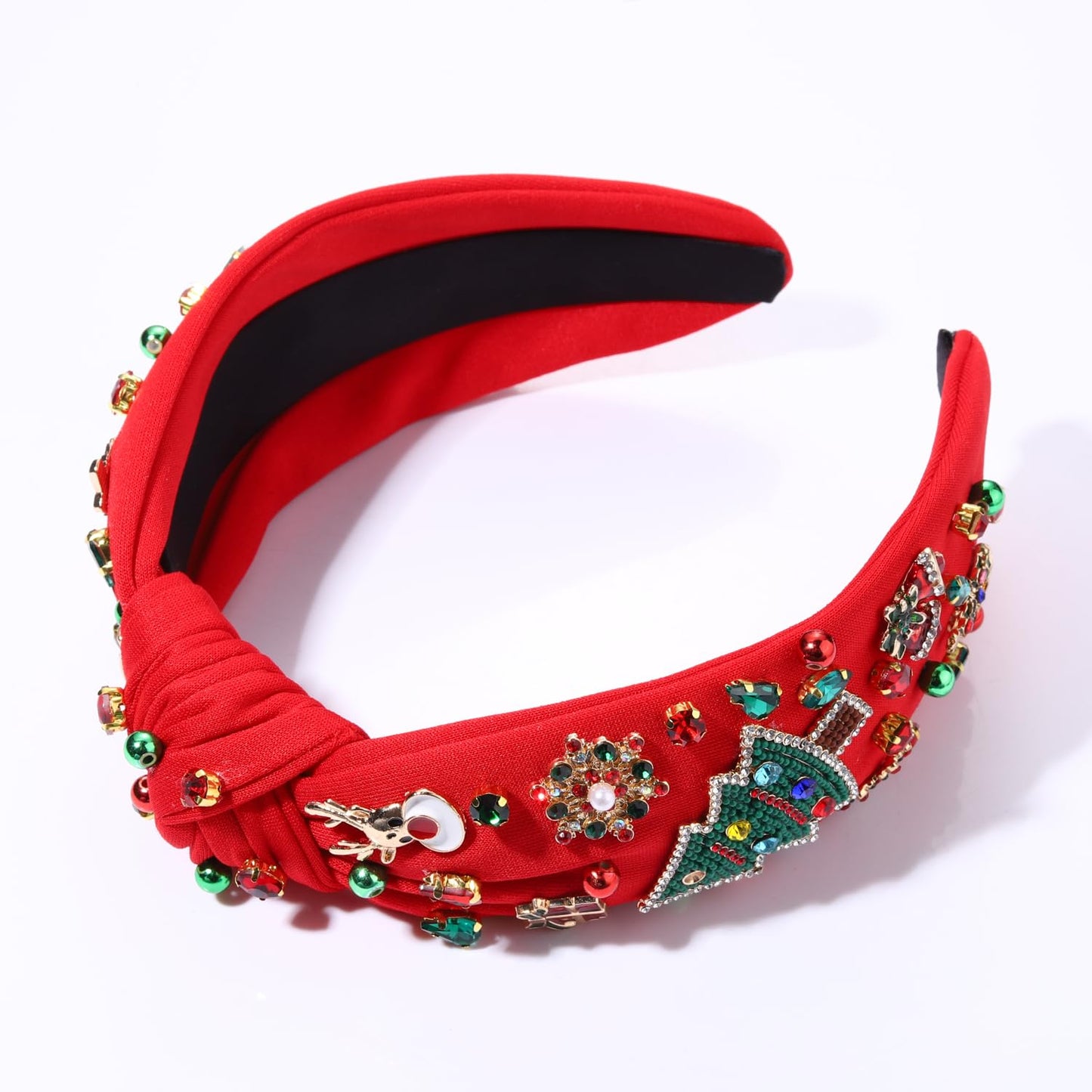 NVENF Jeweled Plaid Headband with Embellished Crystals and Pearls - Knotted Wide Top Knot Hair Accessory for Women, Holiday Outfits & Gifts