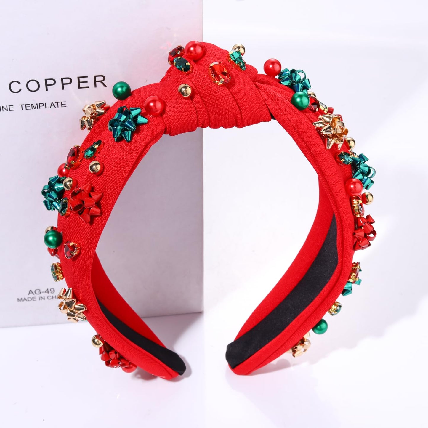 NVENF Jeweled Plaid Headband with Embellished Crystals and Pearls - Knotted Wide Top Knot Hair Accessory for Women, Holiday Outfits & Gifts