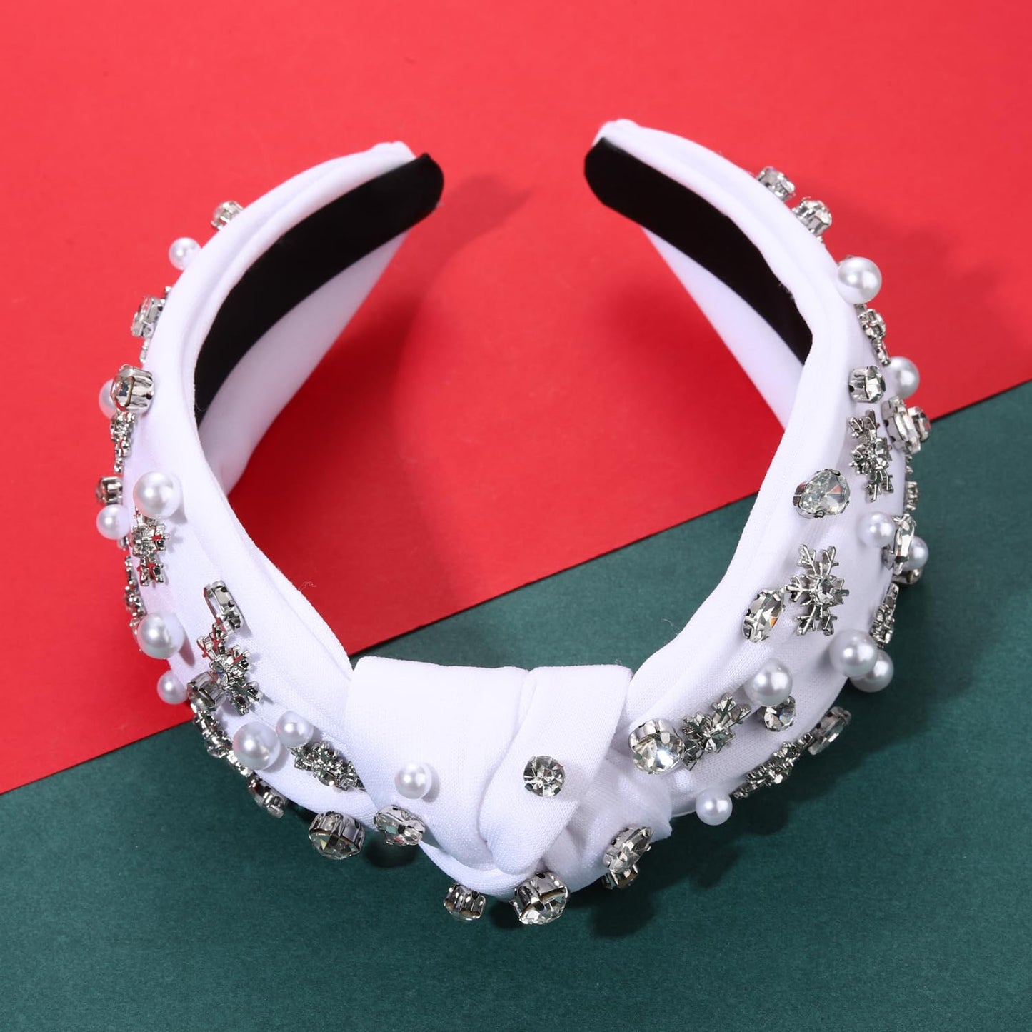 NVENF Jeweled Plaid Headband with Embellished Crystals and Pearls - Knotted Wide Top Knot Hair Accessory for Women, Holiday Outfits & Gifts
