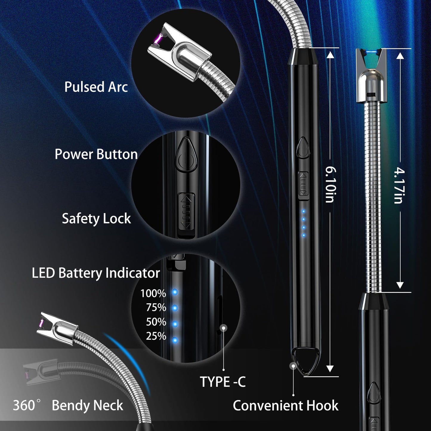 2 Pack Plasma Arc Electric Lighters Rechargeable - USB Long Reach for Scented Candles, BBQ Grill &Camping - Windproof Design Lighters