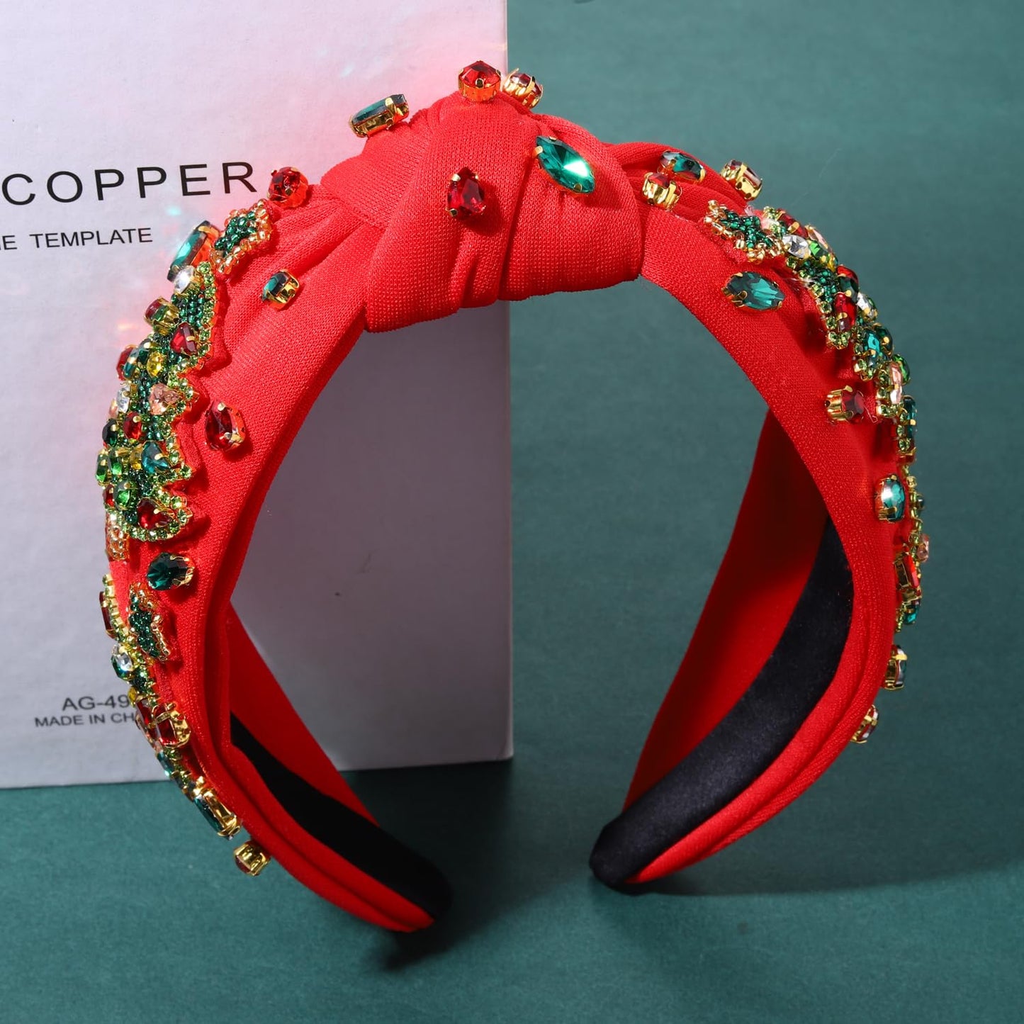 NVENF Jeweled Plaid Headband with Embellished Crystals and Pearls - Knotted Wide Top Knot Hair Accessory for Women, Holiday Outfits & Gifts