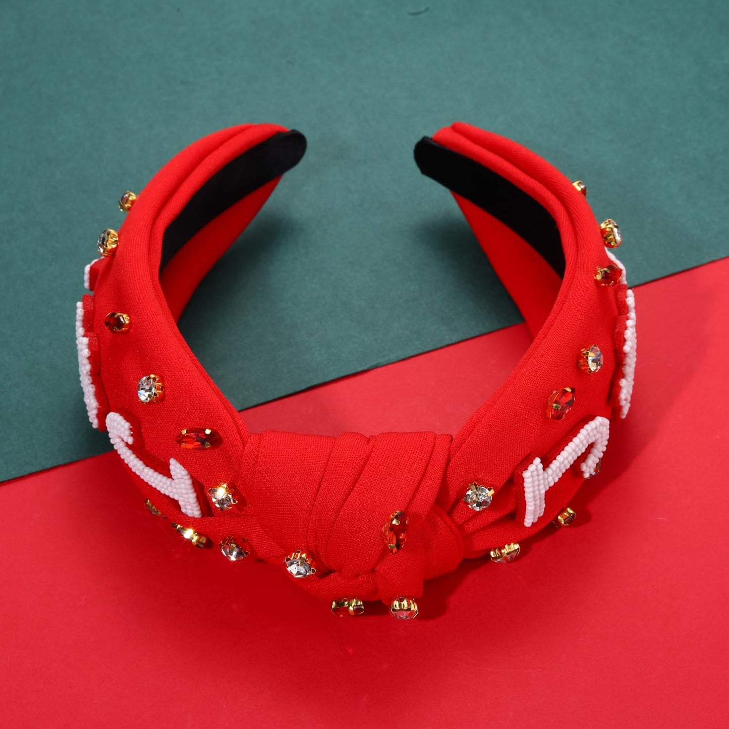 NVENF Jeweled Plaid Headband with Embellished Crystals and Pearls - Knotted Wide Top Knot Hair Accessory for Women, Holiday Outfits & Gifts