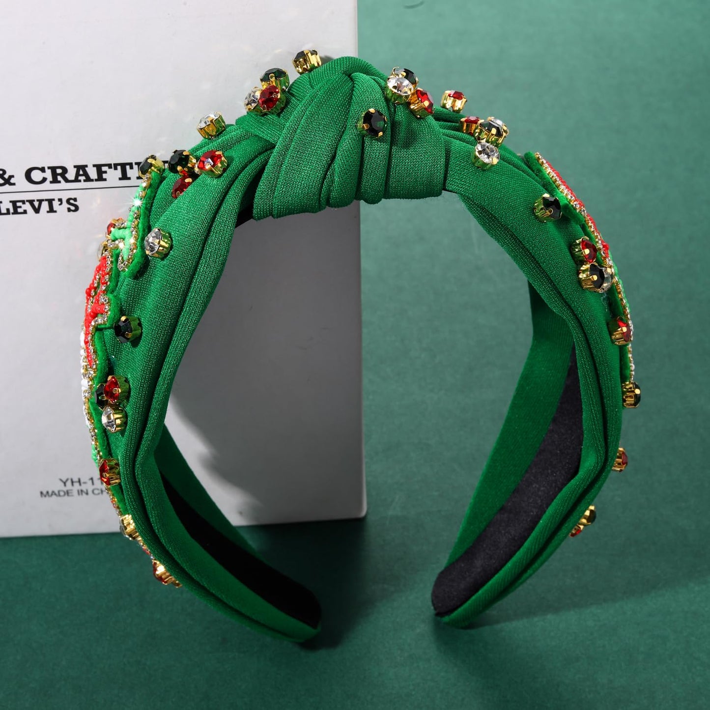 NVENF Jeweled Plaid Headband with Embellished Crystals and Pearls - Knotted Wide Top Knot Hair Accessory for Women, Holiday Outfits & Gifts