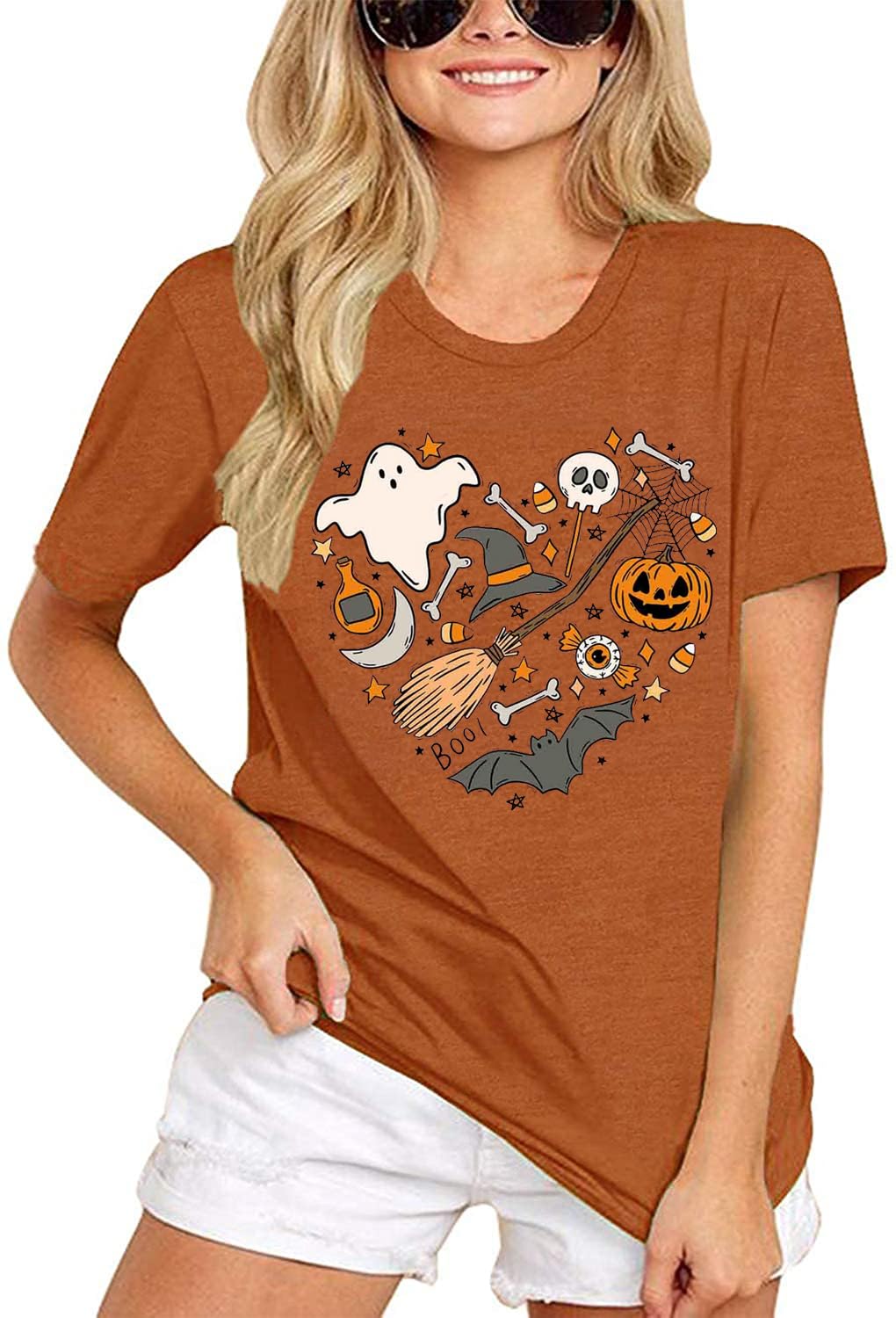Halloween Doodles Shirt for Women Cute Vintage Graphic Halloween Party Tshirt Short Sleeve Fall Season Tees