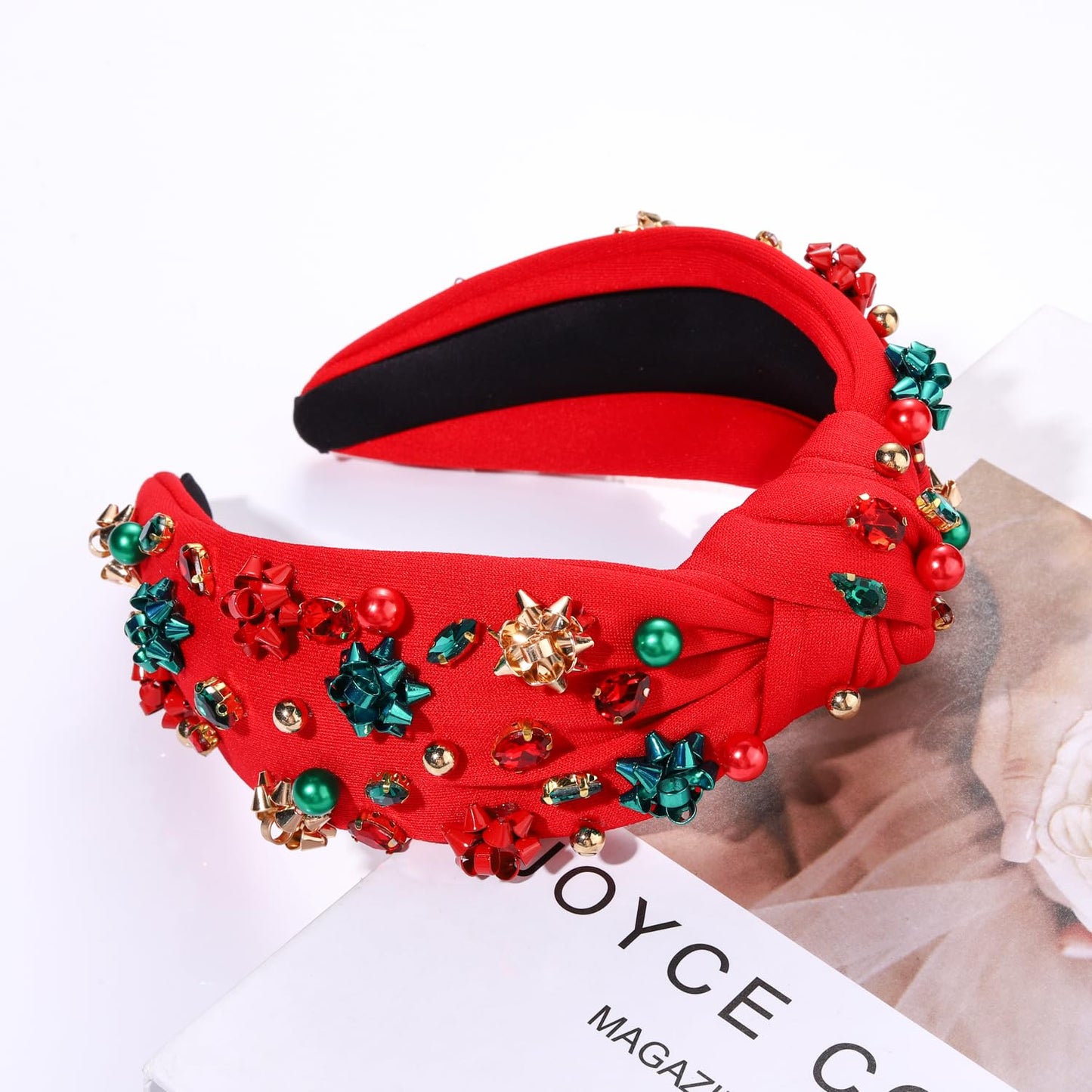 NVENF Jeweled Plaid Headband with Embellished Crystals and Pearls - Knotted Wide Top Knot Hair Accessory for Women, Holiday Outfits & Gifts