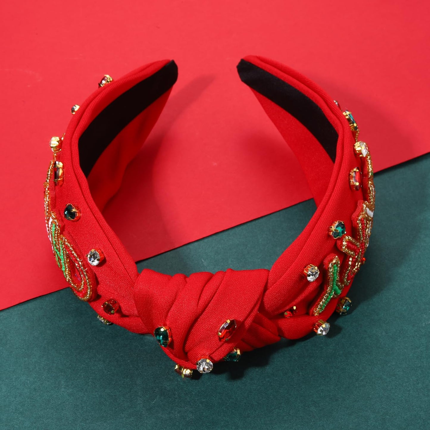 NVENF Jeweled Plaid Headband with Embellished Crystals and Pearls - Knotted Wide Top Knot Hair Accessory for Women, Holiday Outfits & Gifts