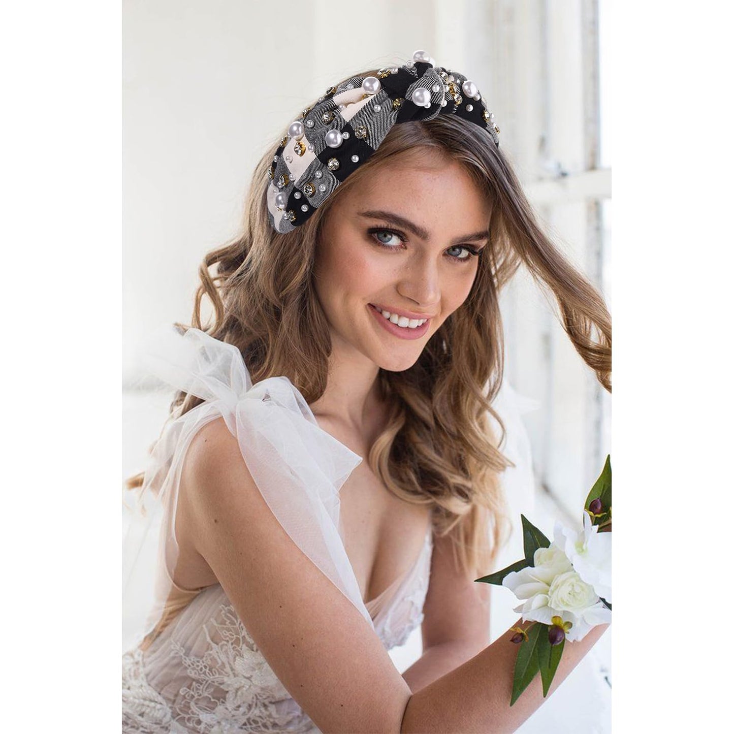 NVENF Jeweled Plaid Headband with Embellished Crystals and Pearls - Knotted Wide Top Knot Hair Accessory for Women, Holiday Outfits & Gifts