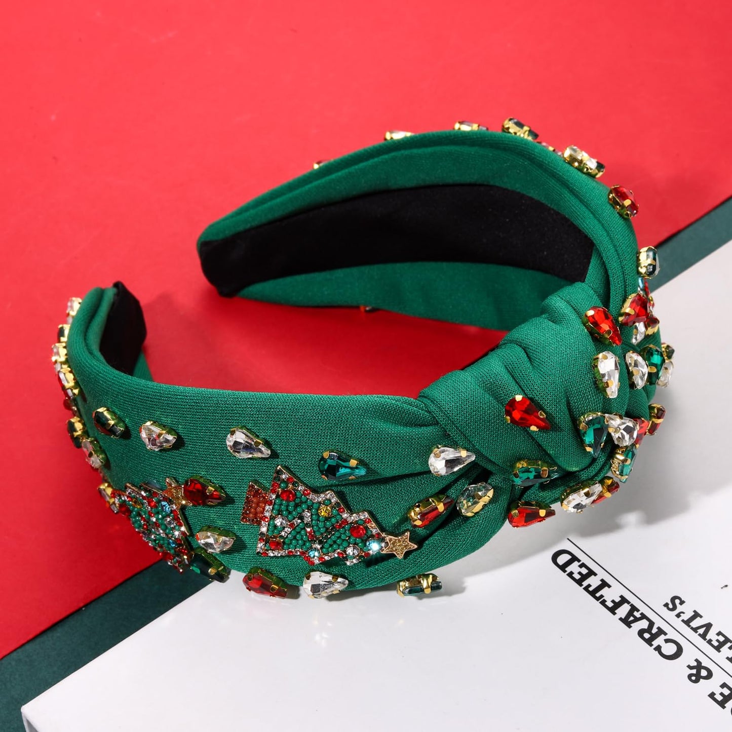 NVENF Jeweled Plaid Headband with Embellished Crystals and Pearls - Knotted Wide Top Knot Hair Accessory for Women, Holiday Outfits & Gifts