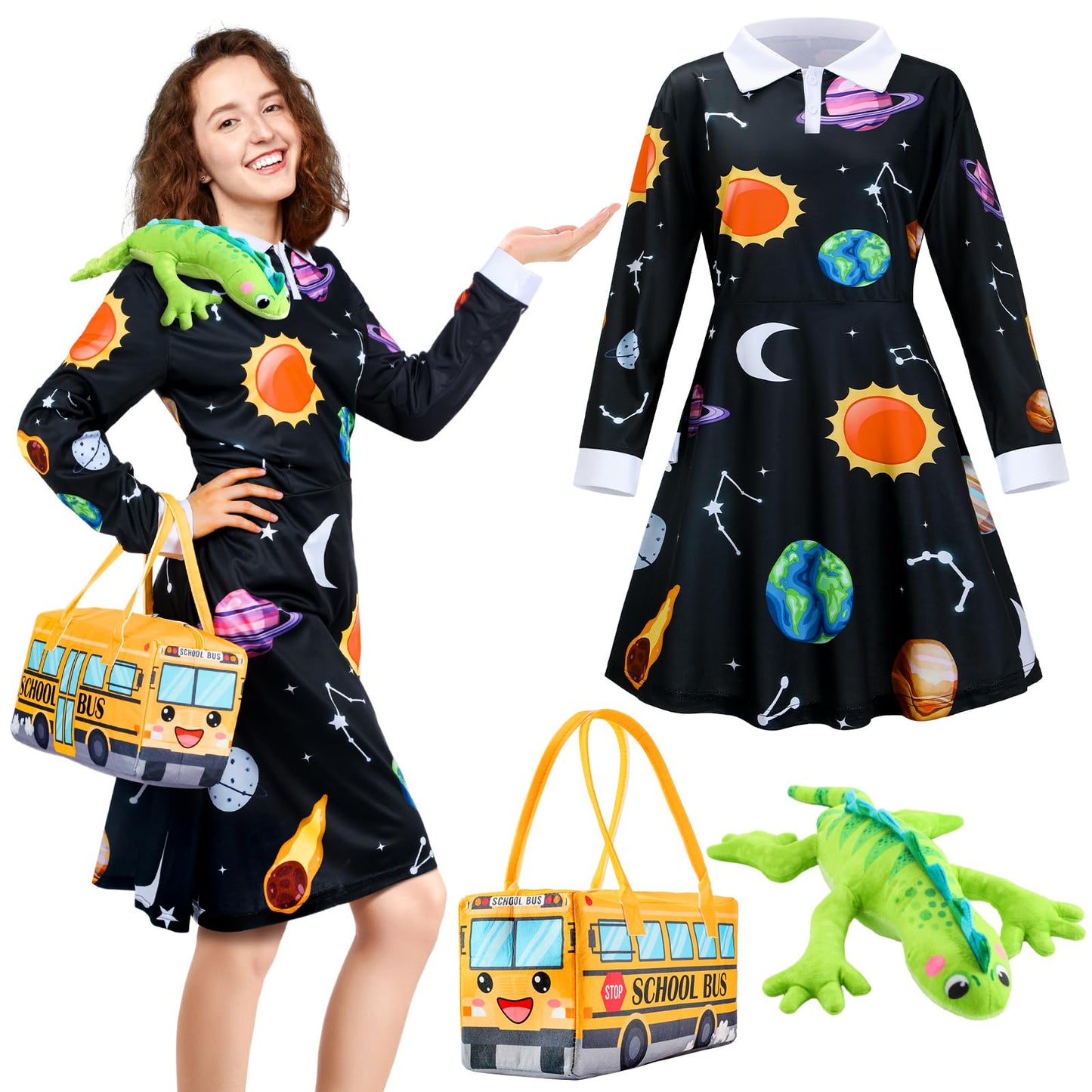 ramede 3 Pcs Women Halloween Teacher Costume Set Vintage Long Sleeve Dress with School Bus Bag for Halloween Role Play Party